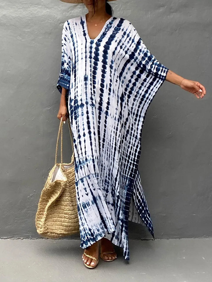 "Stijlvolle luchtige zomer kaftan maxi jurk voor dames, perfect voor stranddagen in exotisch design en ademende stof."
