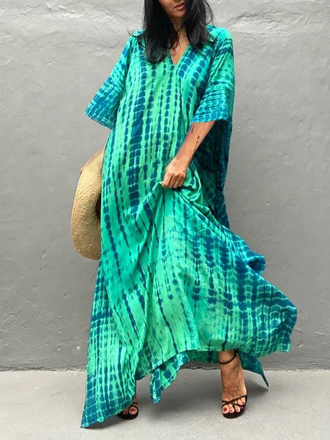 "Stijlvolle luchtige zomer kaftan maxi jurk voor dames, perfect voor stranddagen in exotisch design en ademende stof."