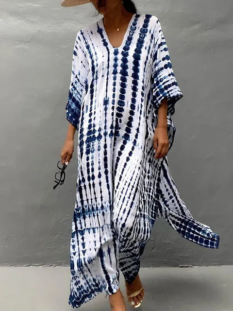 "Stijlvolle luchtige zomer kaftan maxi jurk voor dames, perfect voor stranddagen in exotisch design en ademende stof."