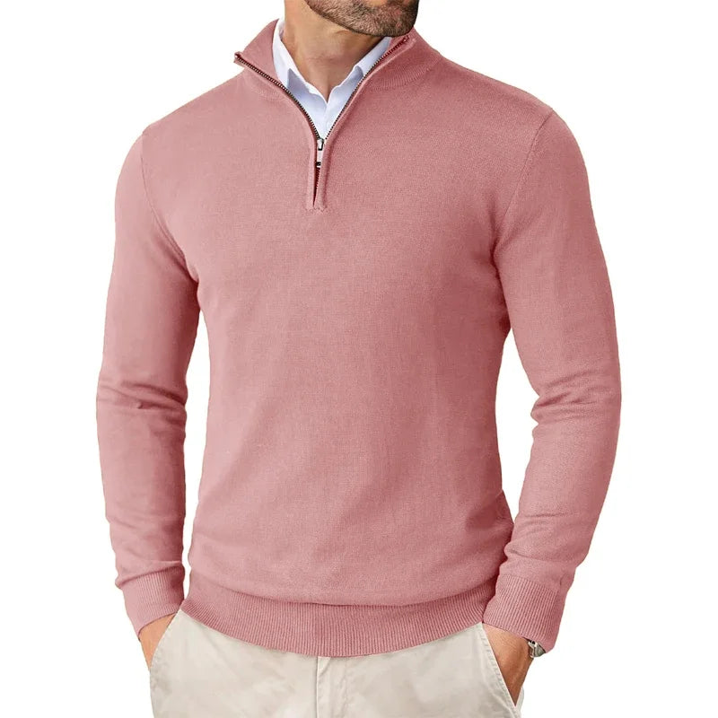 "Stijlvolle luxe heren trui met halve rits in marineblauw, perfect voor zowel zakelijke als casual gelegenheden."