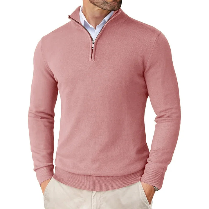 "Stijlvolle luxe heren trui met halve rits in marineblauw, perfect voor zowel zakelijke als casual gelegenheden."