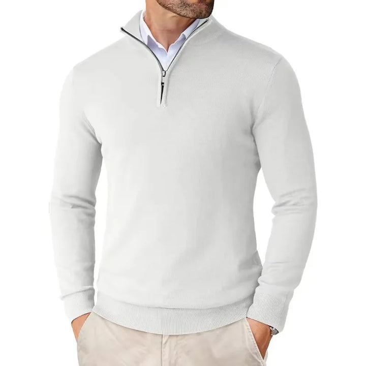 "Stijlvolle luxe heren trui met halve rits in marineblauw, perfect voor zowel zakelijke als casual gelegenheden."