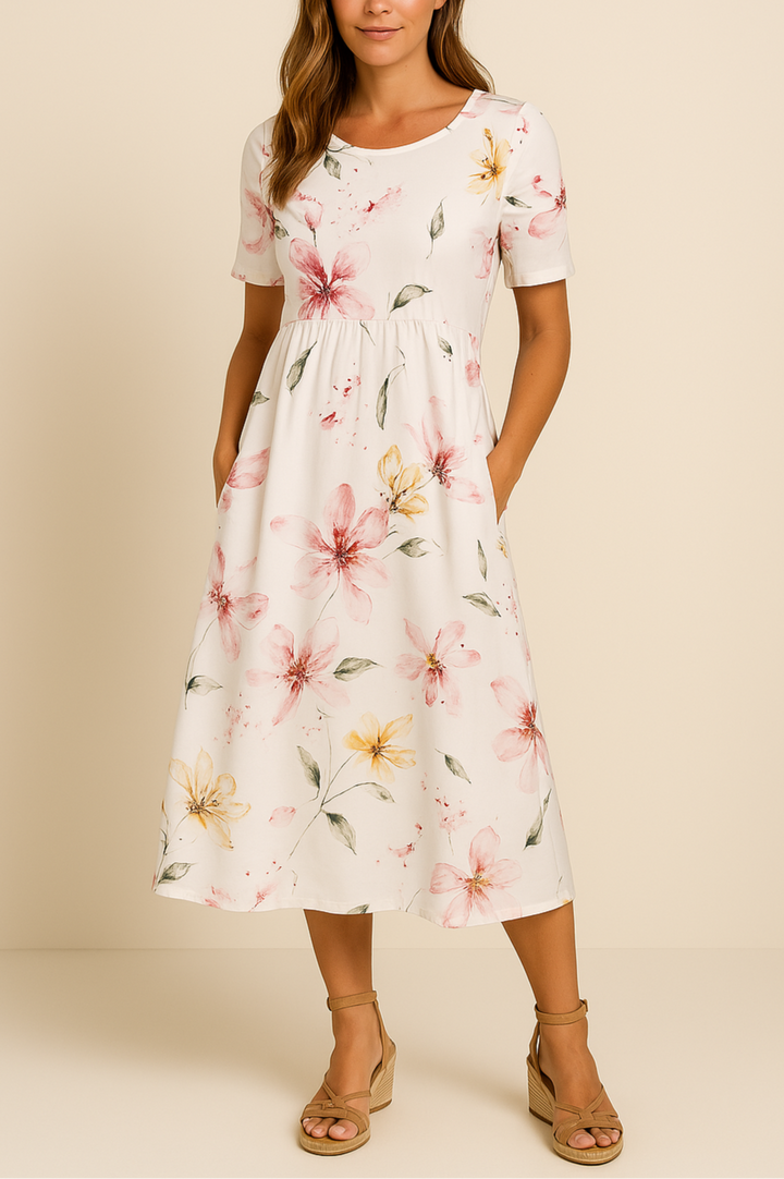 "Stijlvolle midi-jurk dames met charmant bloemenmotief en luchtige stof voor comfort en elegantie"