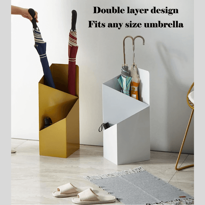 "Stijlvolle parapluhouder met lekbak in strakke geometrische Scandinavische stijl, met metalen afwerking voor entree."
