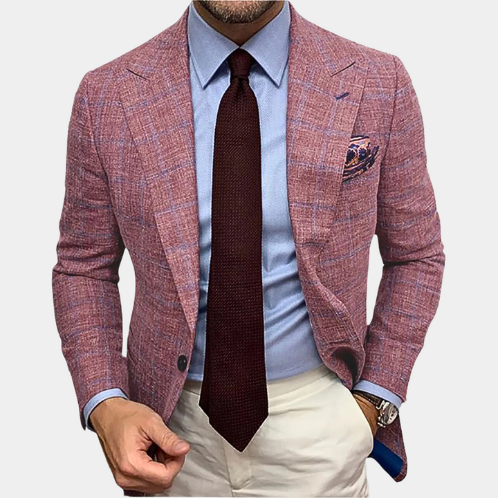 "Stijlvolle rode Oliver herenblazer, zomermode, met tweeknoopsluiting en licht ademend materiaal voor elke gelegenheid."