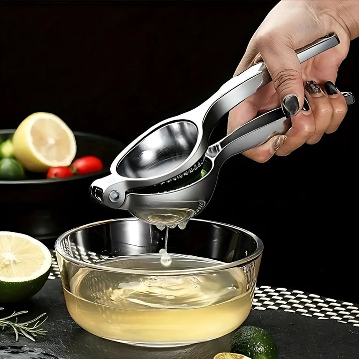 "Stijlvolle roestvrijstalen citruspers met ergonomisch handvat voor efficiënt sap persen, zilverkleurig en robuust ontwerp."