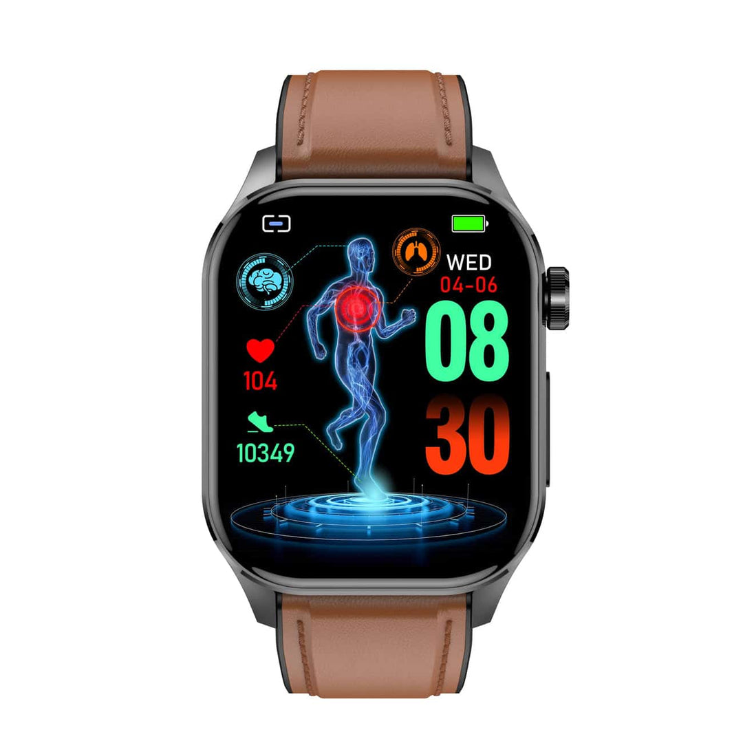 "Stijlvolle smartwatch met ECG, bloedsuiker- en bloeddrukmonitor, full-color touchscreen, waterbestendig."