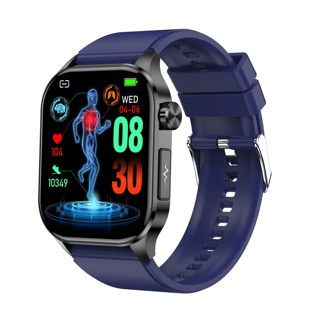 "Stijlvolle smartwatch met ECG, bloedsuiker- en bloeddrukmonitor, full-color touchscreen, waterbestendig."