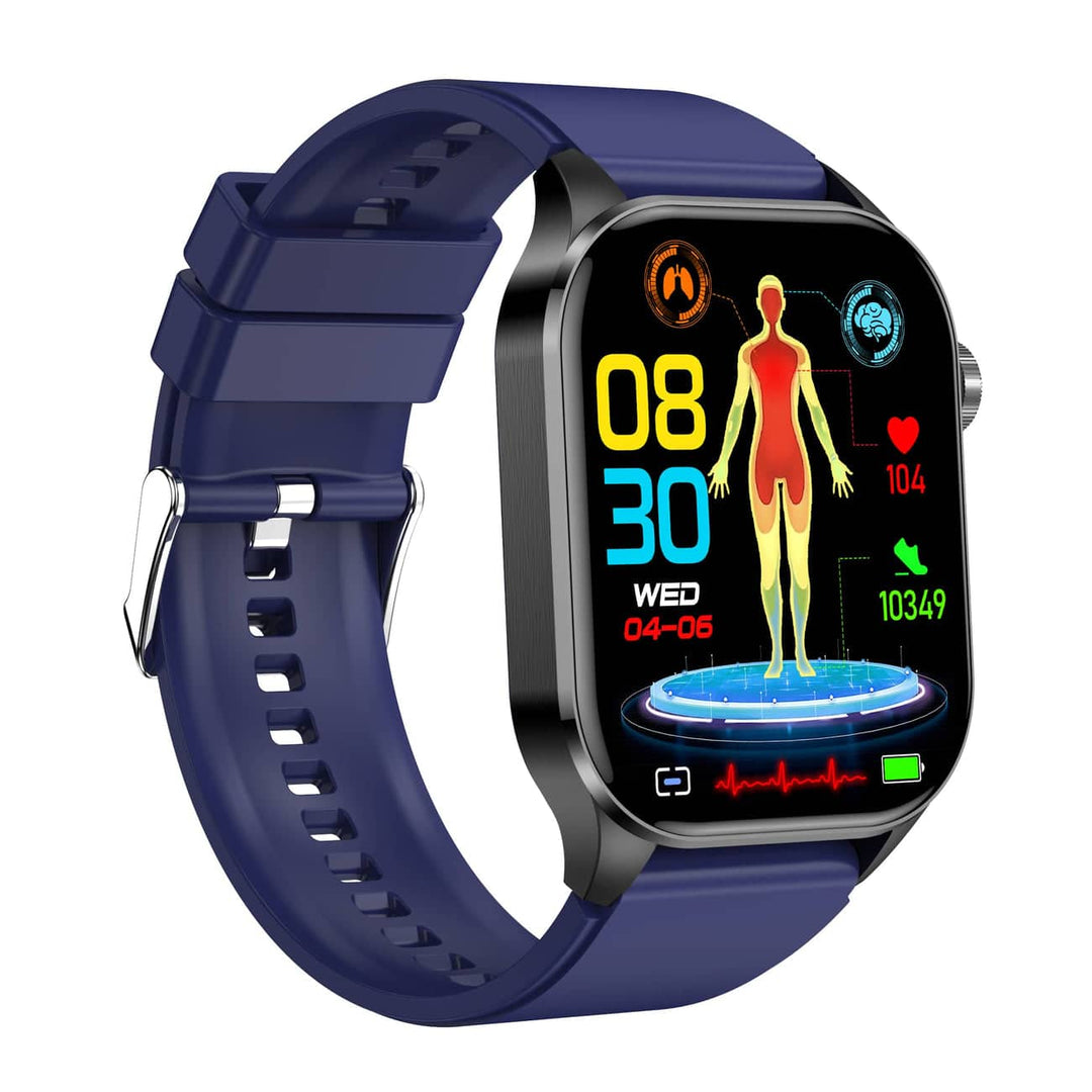 "Stijlvolle smartwatch met ECG, bloedsuiker- en bloeddrukmonitor, full-color touchscreen, waterbestendig."