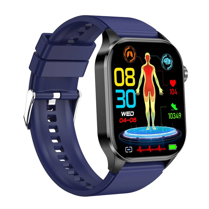 "Stijlvolle smartwatch met ECG, bloedsuiker- en bloeddrukmonitor, full-color touchscreen, waterbestendig."