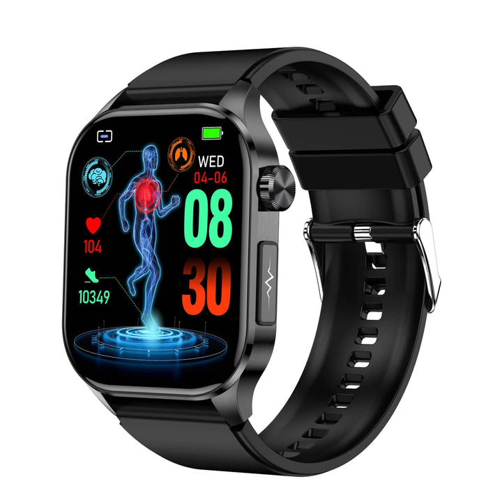 "Stijlvolle smartwatch met ECG, bloedsuiker- en bloeddrukmonitor, full-color touchscreen, waterbestendig."