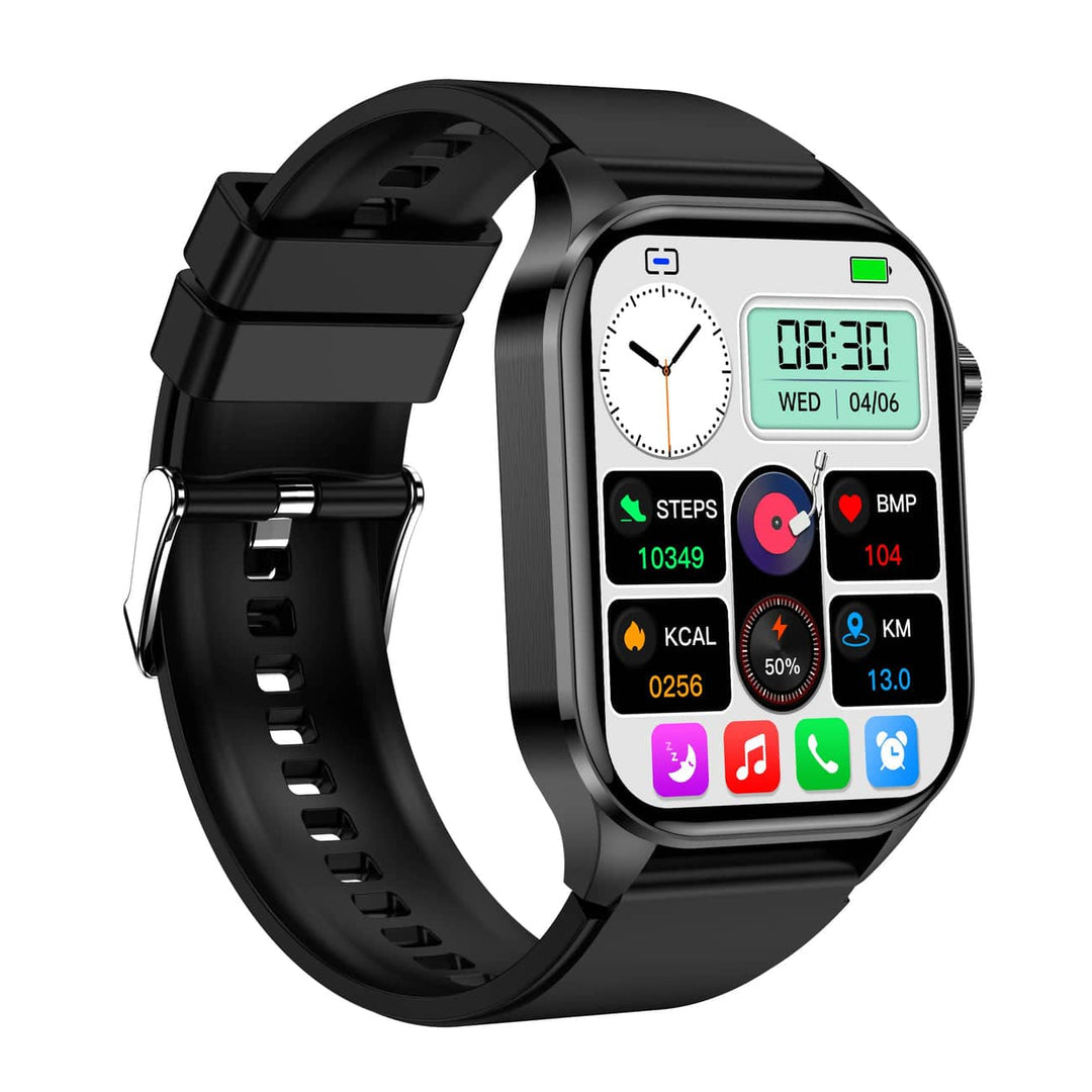 "Stijlvolle smartwatch met ECG, bloedsuiker- en bloeddrukmonitor, full-color touchscreen, waterbestendig."