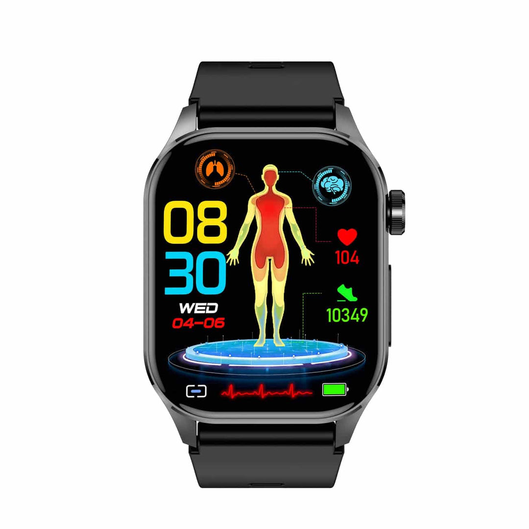 "Stijlvolle smartwatch met ECG, bloedsuiker- en bloeddrukmonitor, full-color touchscreen, waterbestendig."