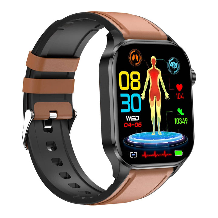 "Stijlvolle smartwatch met ECG, bloedsuiker- en bloeddrukmonitor, full-color touchscreen, waterbestendig."
