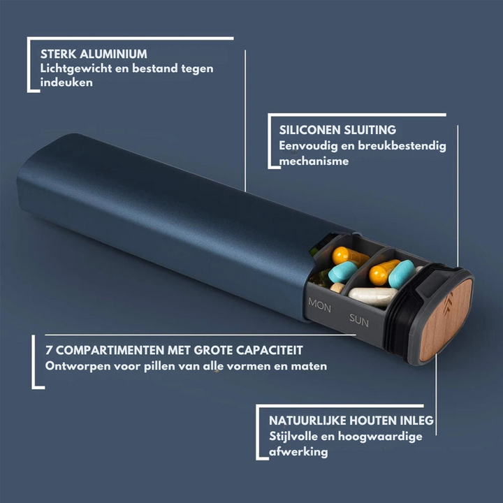 "Stijlvolle wekelijkse pillendoos van hout en aluminium met 7 vakken, ideaal voor georganiseerde medicijnroutine."