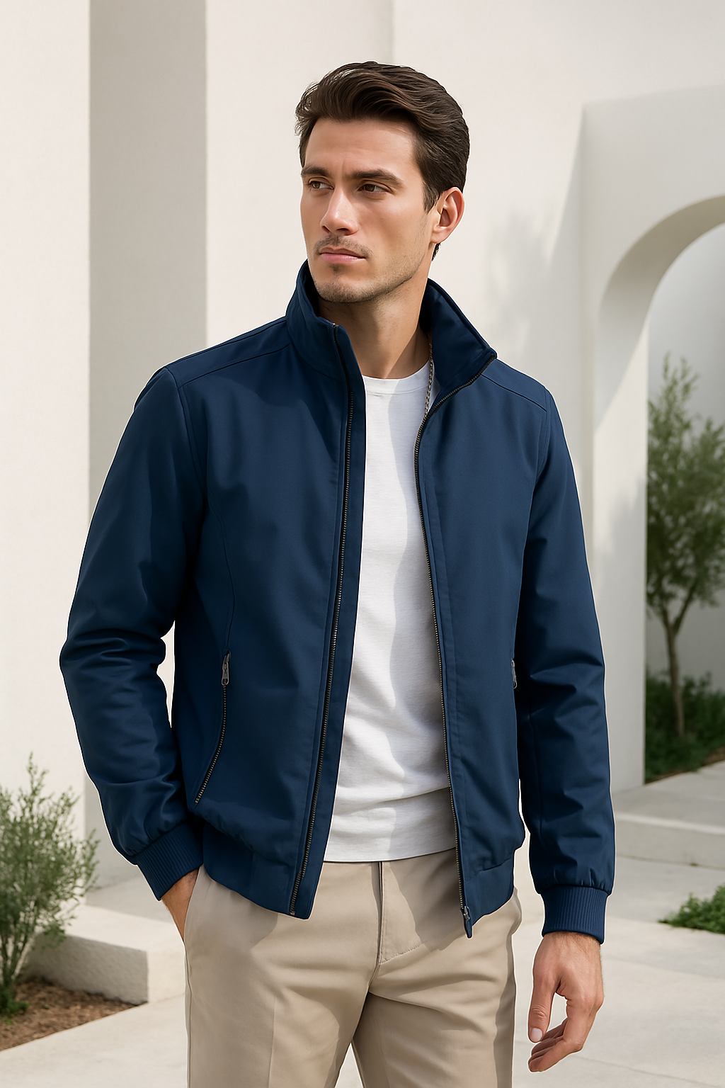 "Stijlvolle winddichte heren zomerjas, strak ontwerp, ademende binnenvoering, elegante look in diverse kleuren beschikbaar."