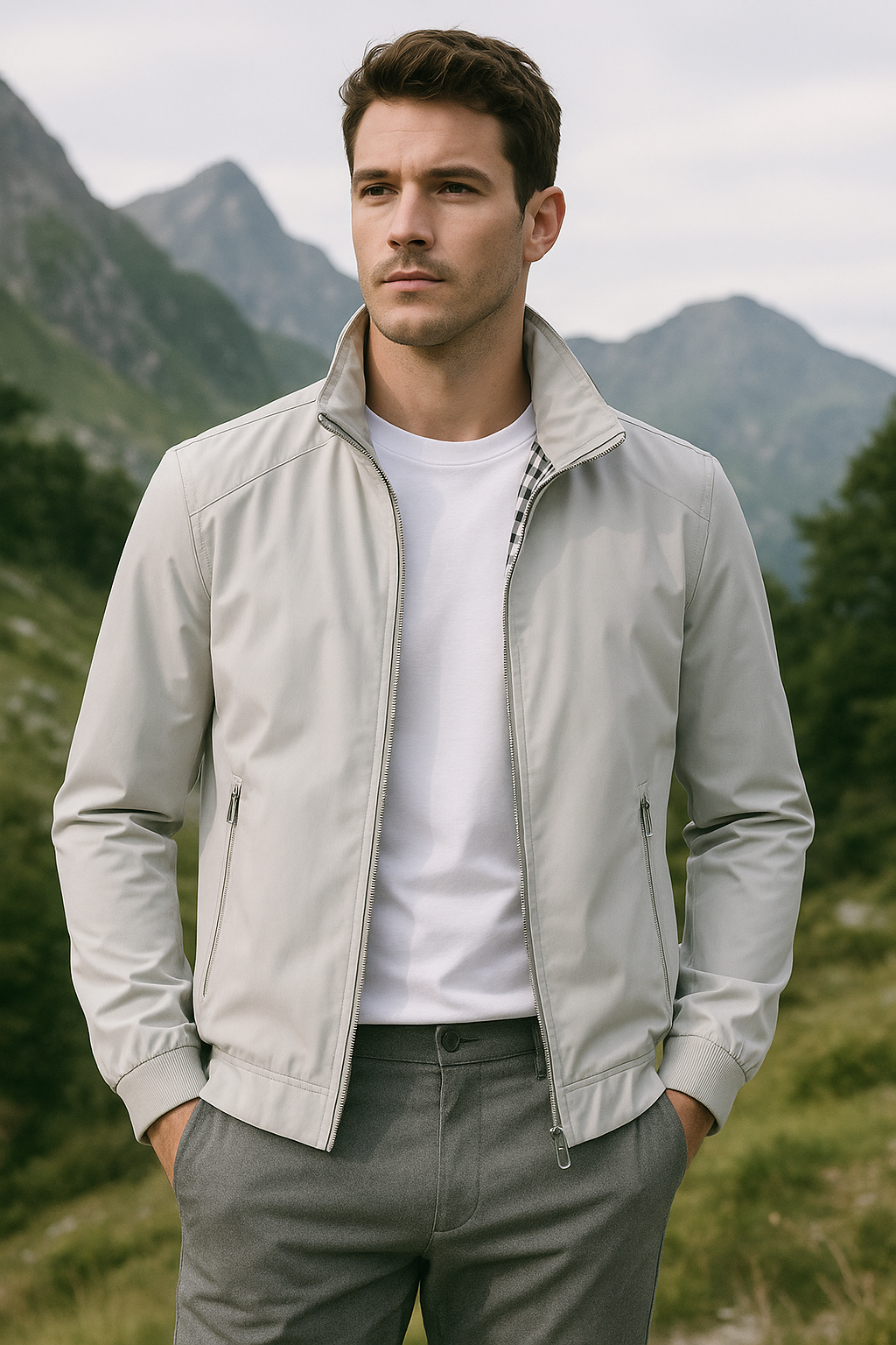 "Stijlvolle winddichte heren zomerjas, strak ontwerp, ademende binnenvoering, elegante look in diverse kleuren beschikbaar."