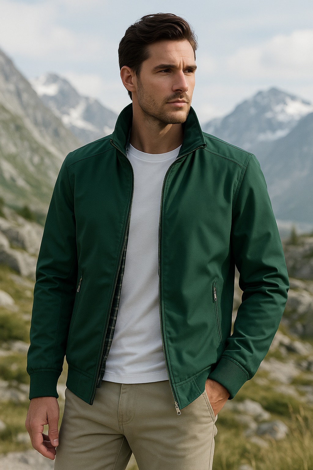 "Stijlvolle winddichte heren zomerjas, strak ontwerp, ademende binnenvoering, elegante look in diverse kleuren beschikbaar."
