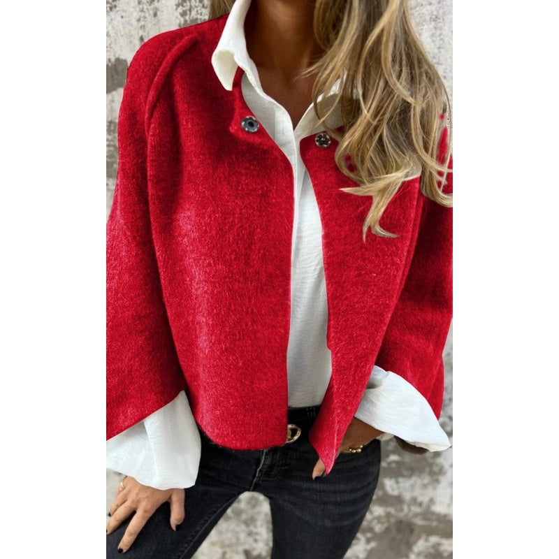 "Stijlvolle wolmix dames tussenjas in meerdere kleuren met harige textuur, oversized pasvorm en luxueuze uitstraling."