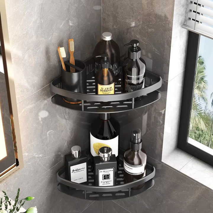 "Stijlvolle zelfklevende aluminium doucheplank, roestvrij en modern, ideaal voor het organiseren van badkamerbenodigdheden."
