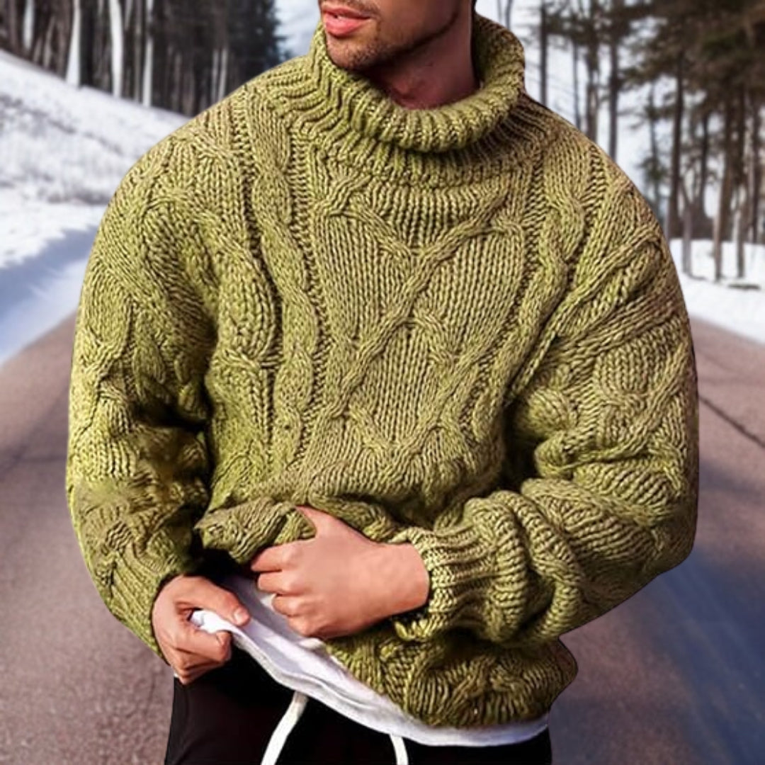 "Stijlvolle zwarte gebreide herentrui voor winter, biedt comfort en warmte, perfecte keuze voor veelzijdige garderobe."