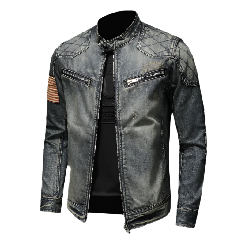 "Stoer heren bikerjack van denim met vintage wassing en leren accenten, verweerd effect voor robuuste en stijlvolle look."