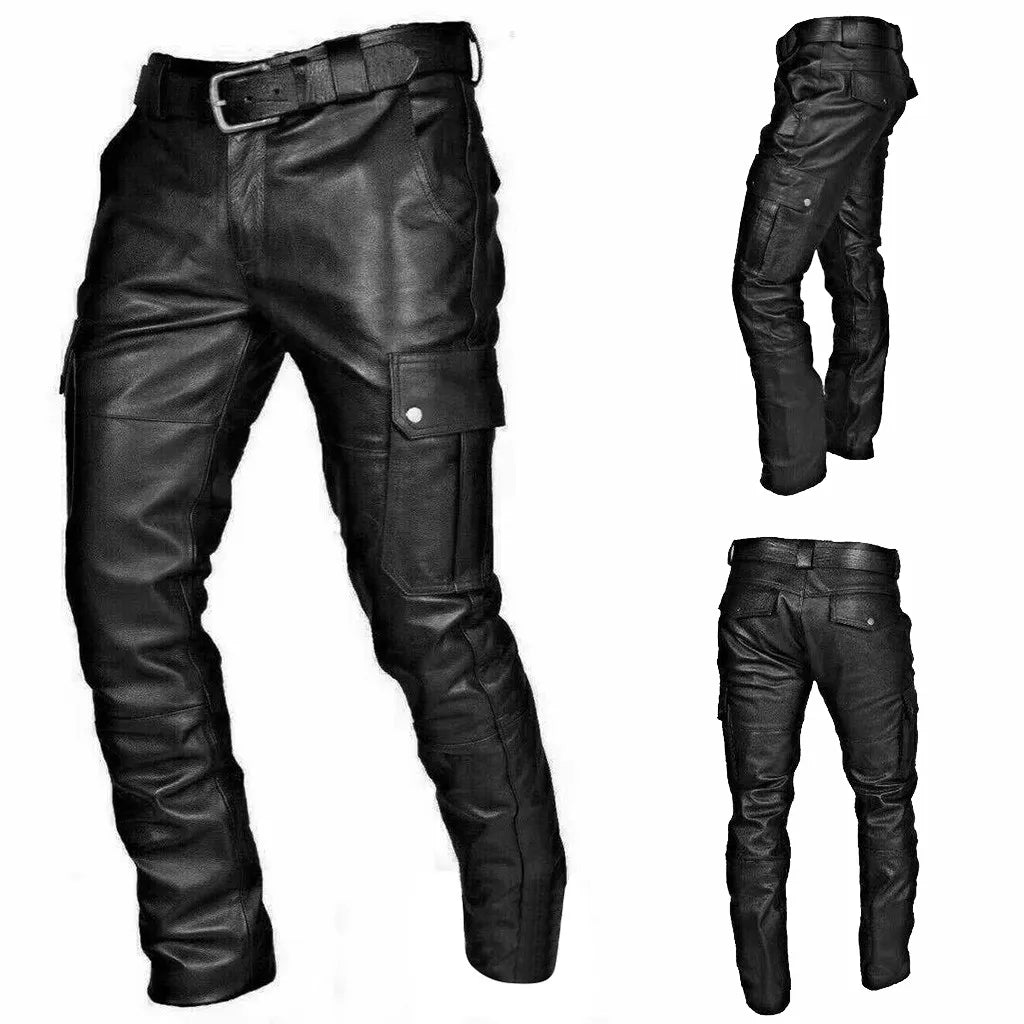 "Stoere PU leren bikerbroek heren, robuust en stijlvol, elastisch en comfortabel in zwart, ideaal voor avontuurlijke looks"