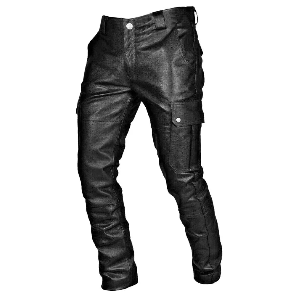 "Stoere PU leren bikerbroek heren, robuust en stijlvol, elastisch en comfortabel in zwart, ideaal voor avontuurlijke looks"