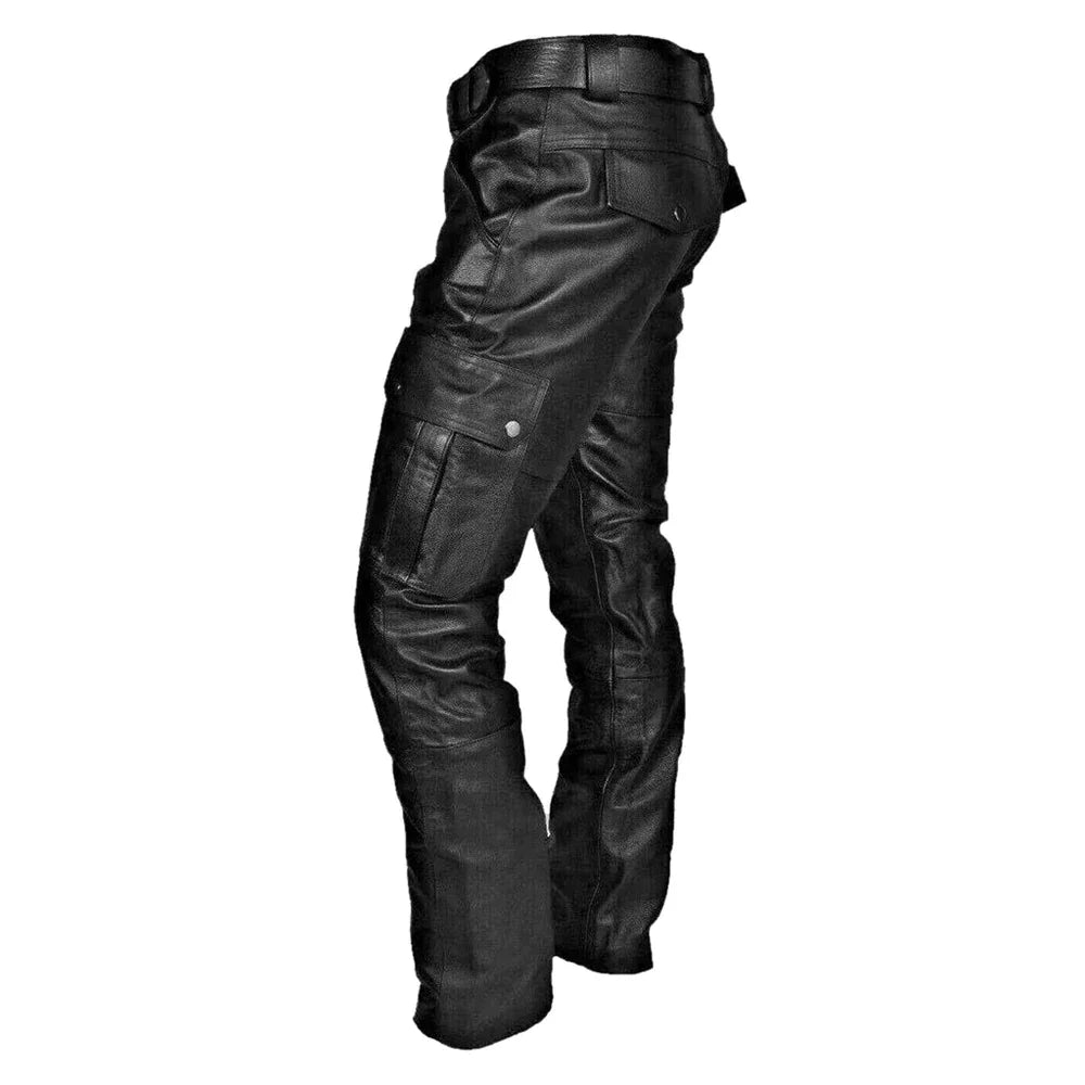 "Stoere PU leren bikerbroek heren, robuust en stijlvol, elastisch en comfortabel in zwart, ideaal voor avontuurlijke looks"