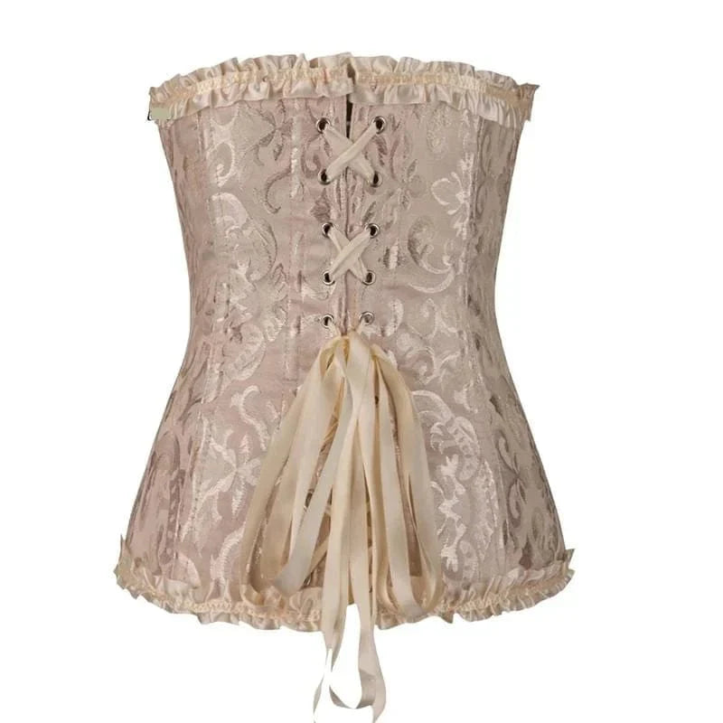 Strapless zwart kanten dameskorset met bloemenpatroon en verstelbare sluiting; elegant design, ideaal voor diverse gelegenhed