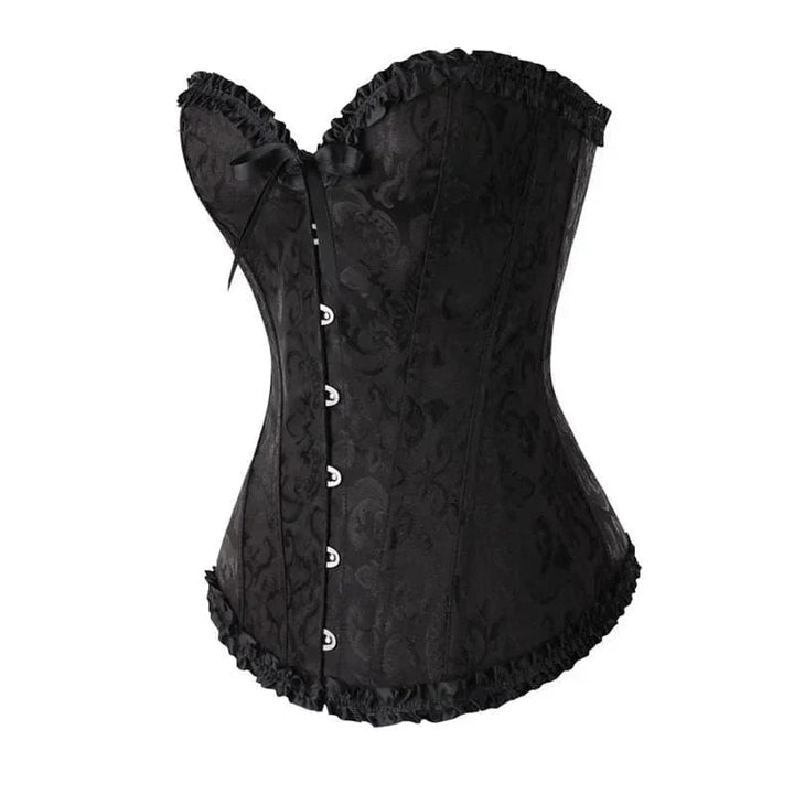 Strapless zwart kanten dameskorset met bloemenpatroon en verstelbare sluiting; elegant design, ideaal voor diverse gelegenhed