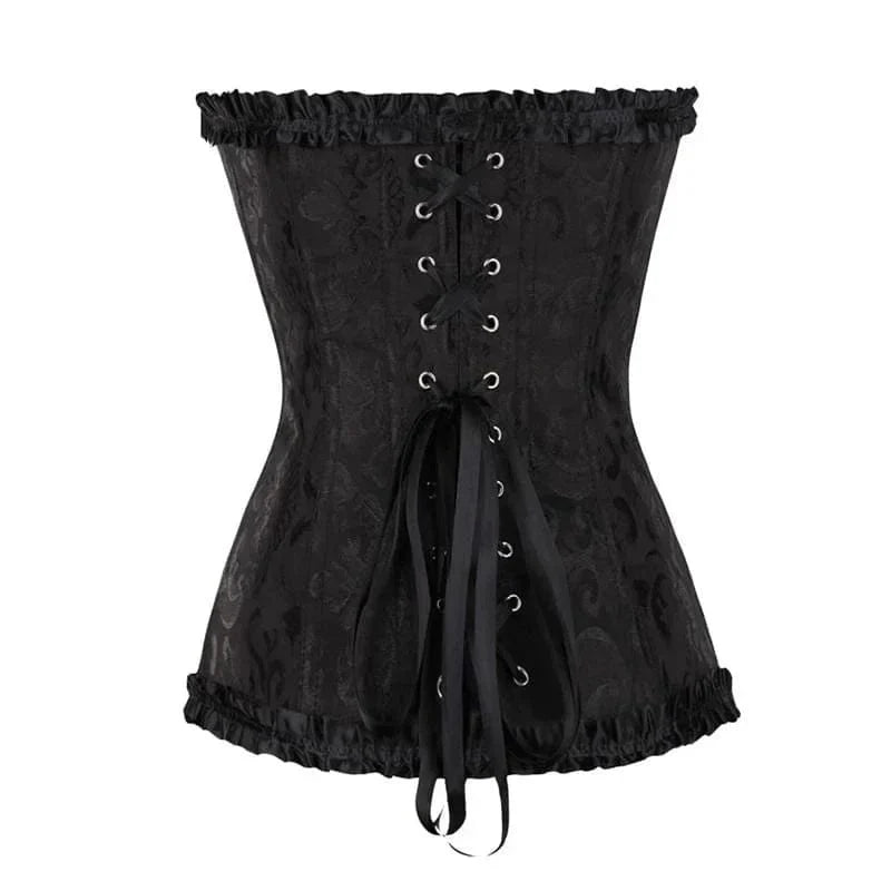 Strapless zwart kanten dameskorset met bloemenpatroon en verstelbare sluiting; elegant design, ideaal voor diverse gelegenhed