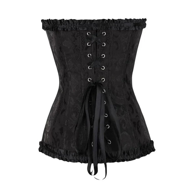 Strapless zwart kanten dameskorset met bloemenpatroon en verstelbare sluiting; elegant design, ideaal voor diverse gelegenhed