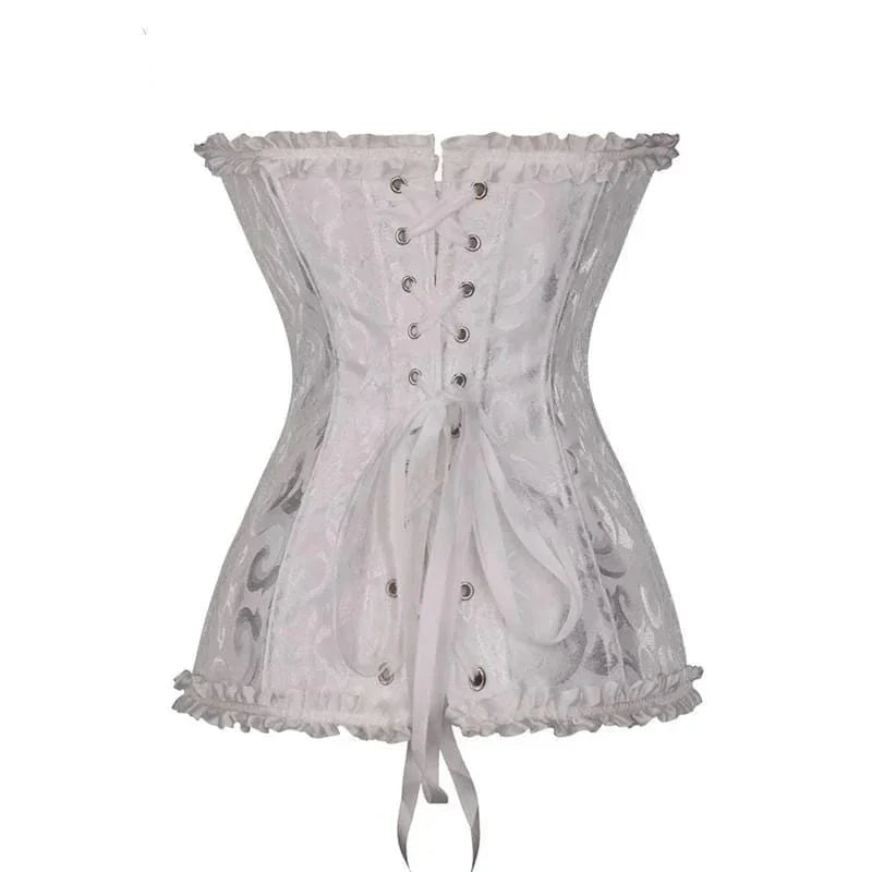 Strapless zwart kanten dameskorset met bloemenpatroon en verstelbare sluiting; elegant design, ideaal voor diverse gelegenhed