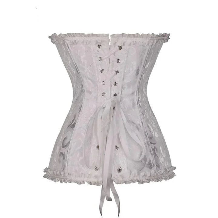 Strapless zwart kanten dameskorset met bloemenpatroon en verstelbare sluiting; elegant design, ideaal voor diverse gelegenhed