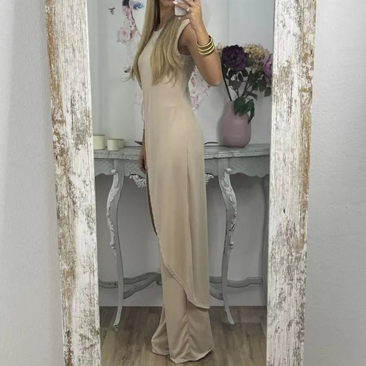 "Sylvia tweedelige damesoutfit, elegante katoenen top en uitlopende broek, comfortabel en geschikt voor elke gelegenheid."