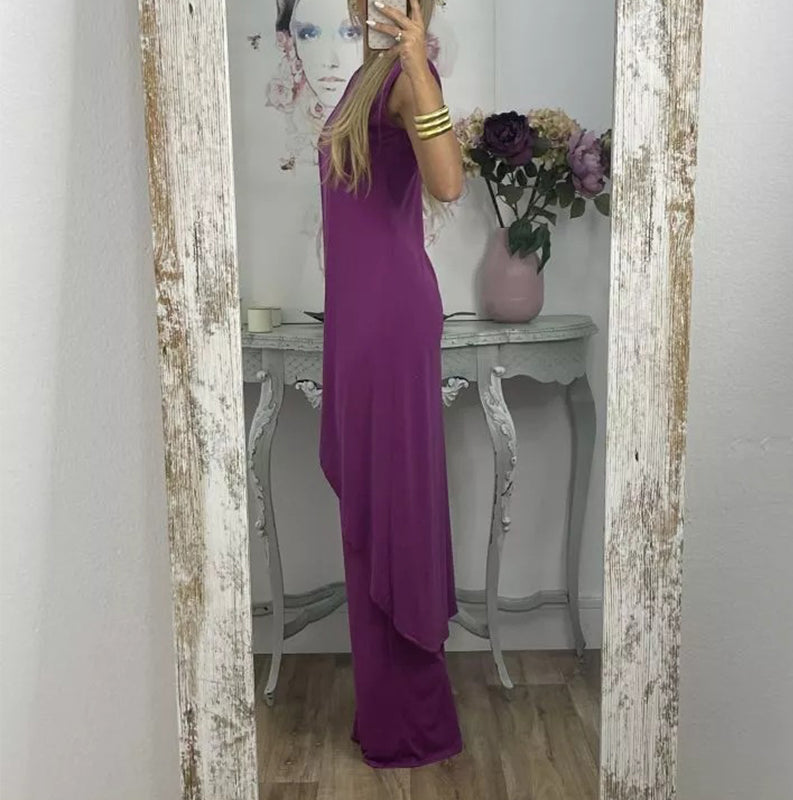 "Sylvia tweedelige damesoutfit, elegante katoenen top en uitlopende broek, comfortabel en geschikt voor elke gelegenheid."