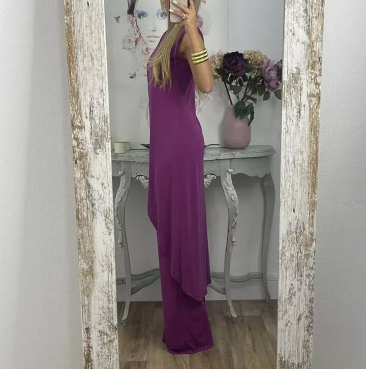 "Sylvia tweedelige damesoutfit, elegante katoenen top en uitlopende broek, comfortabel en geschikt voor elke gelegenheid."