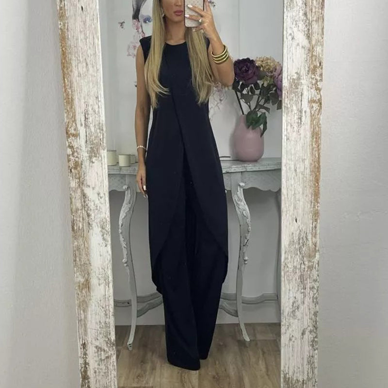 "Sylvia tweedelige damesoutfit, elegante katoenen top en uitlopende broek, comfortabel en geschikt voor elke gelegenheid."