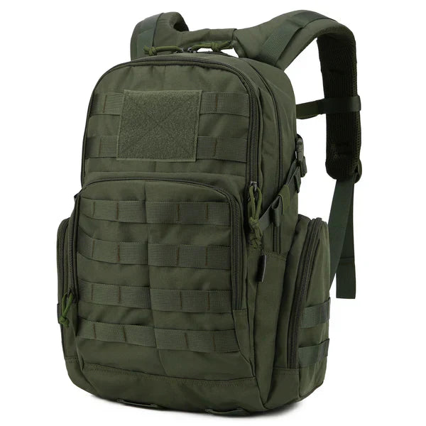 "Tactische 25L rugzak, waterafstotend, MOLLE systeem, outdoor avontuur, zwart, 600D polyester, lichtgewicht ontwerp."