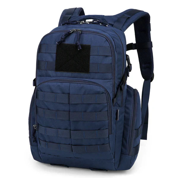 "Tactische 25L rugzak, waterafstotend, MOLLE systeem, outdoor avontuur, zwart, 600D polyester, lichtgewicht ontwerp."