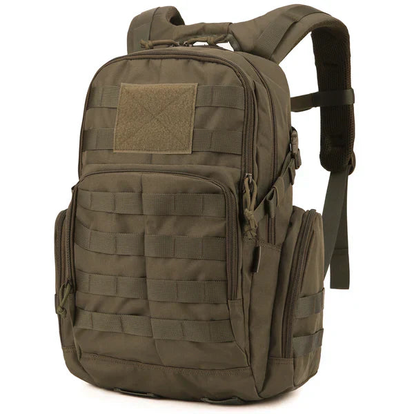 "Tactische 25L rugzak, waterafstotend, MOLLE systeem, outdoor avontuur, zwart, 600D polyester, lichtgewicht ontwerp."