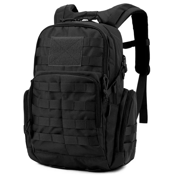 "Tactische 25L rugzak, waterafstotend, MOLLE systeem, outdoor avontuur, zwart, 600D polyester, lichtgewicht ontwerp."