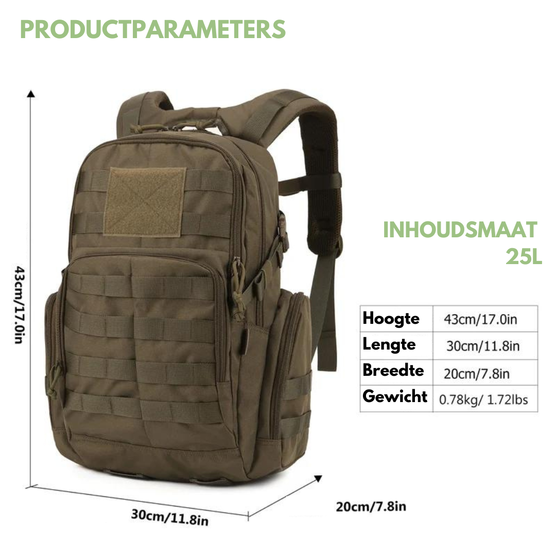 "Tactische 25L rugzak, waterafstotend, MOLLE systeem, outdoor avontuur, zwart, 600D polyester, lichtgewicht ontwerp."