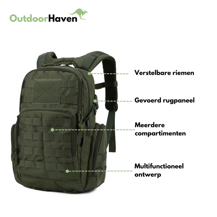 "Tactische 25L rugzak, waterafstotend, MOLLE systeem, outdoor avontuur, zwart, 600D polyester, lichtgewicht ontwerp."