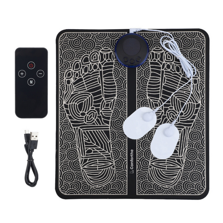 "TheraPulse Pro voetmassager, zwart, biedt verlichting voor voet- en onderbeenpijn met geavanceerde massagetechnologie."