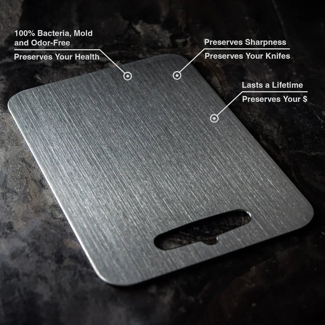 Titanium snijplank, BPA-vrij, duurzaam en antibacterieel. Geschikt voor vlees, groenten en fruit, eenvoudig te reinigen.