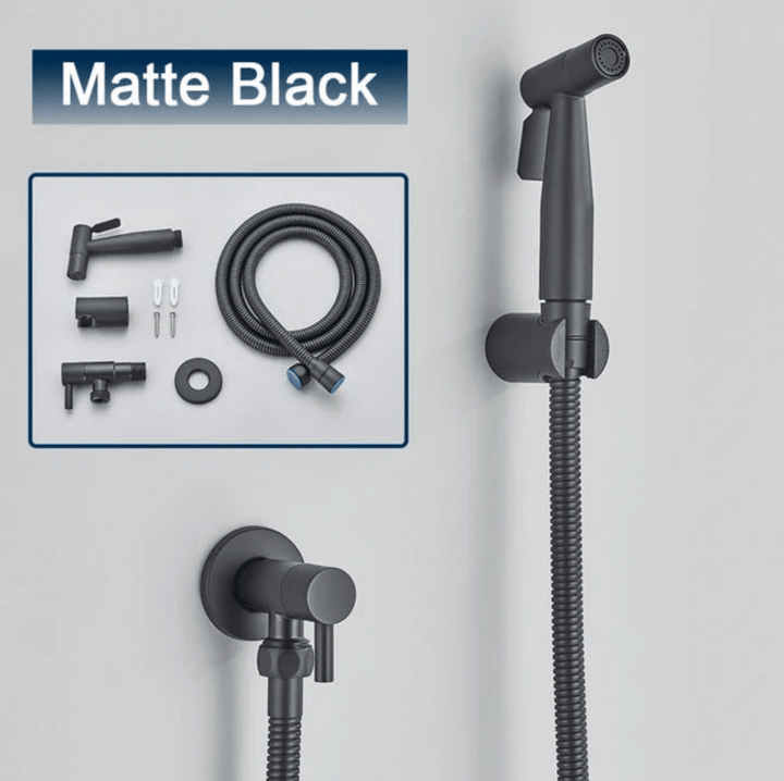 "Toilet bidet sprayer, modern ontwerp, roestbestendig, zilver, zwart, hygiënisch en comfortabel accessoire voor badkamer."