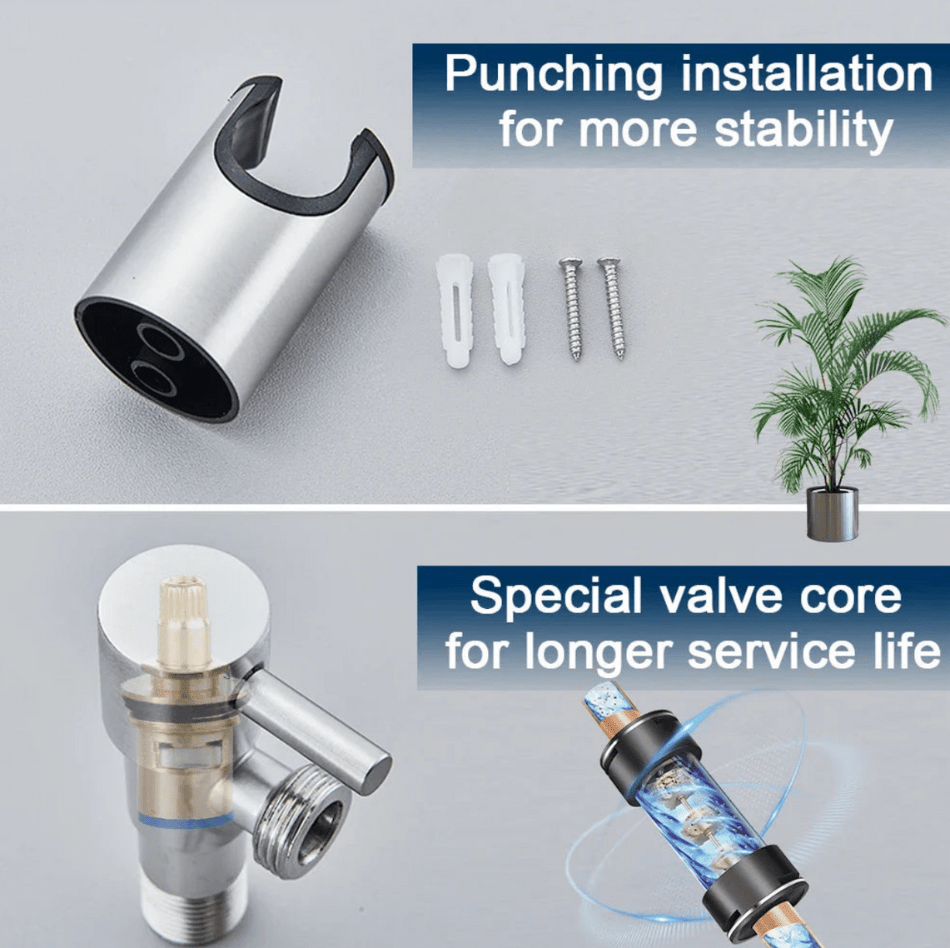 "Toilet bidet sprayer, modern ontwerp, roestbestendig, zilver, zwart, hygiënisch en comfortabel accessoire voor badkamer."