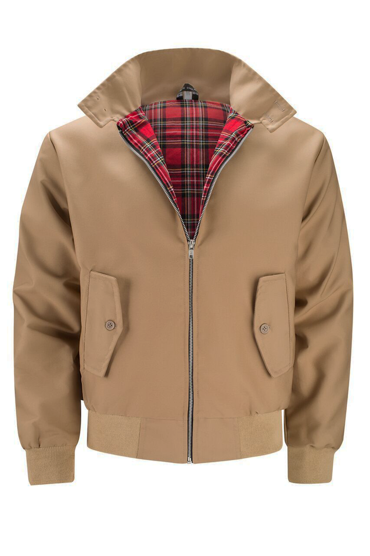"Trendy heren Harrington vest in marineblauw met opstaande kraag, voorzakken en stijlvolle inrichting."